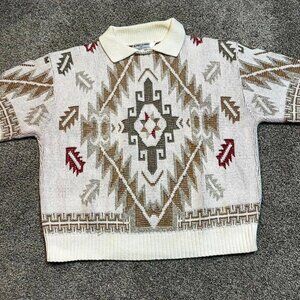 Vintage abstract geometric knitted‎ cottage core collared sweater size XL